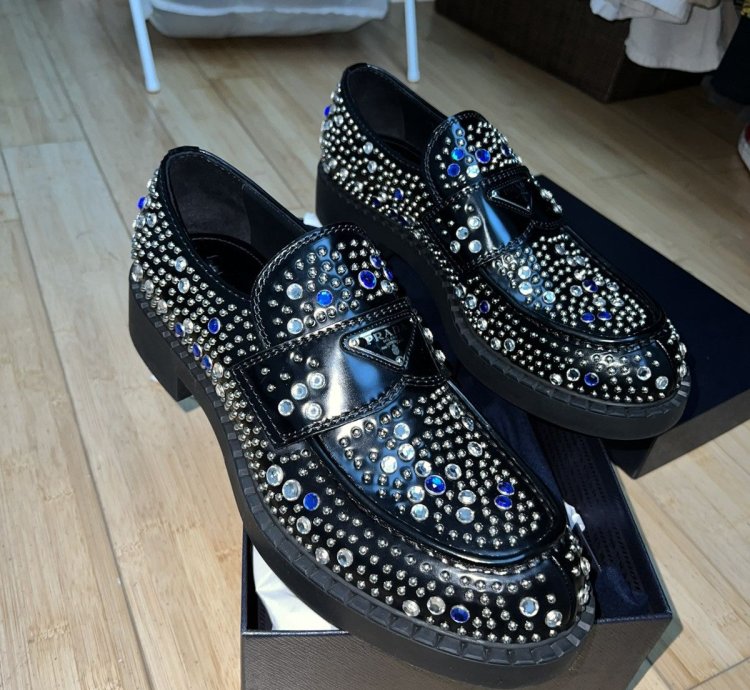 Brushed-leather Loafers With Studs And Rhinestones