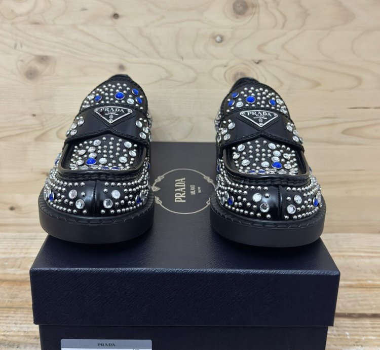 Brushed-leather Loafers With Studs And Rhinestones Size 7 5