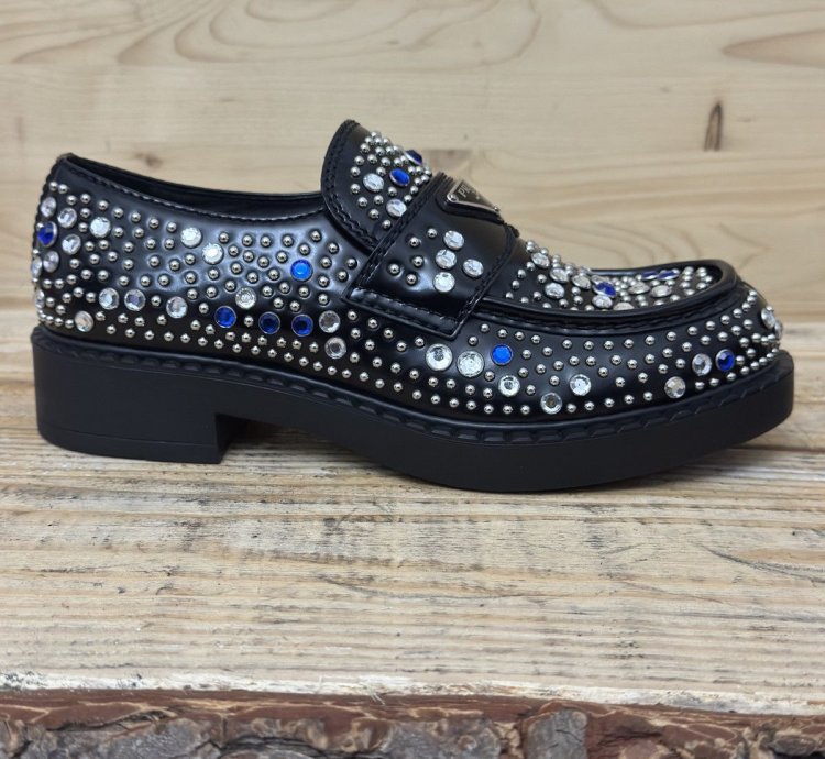 Brushed-leather Loafers With Studs And Rhinestones Size 7 5