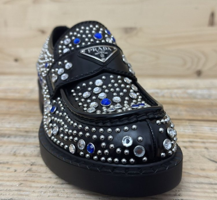 Brushed-leather Loafers With Studs And Rhinestones Size 7 5