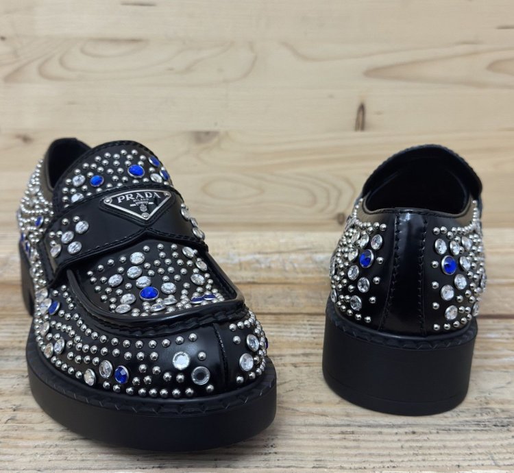 Brushed-leather Loafers With Studs And Rhinestones Size 7 5