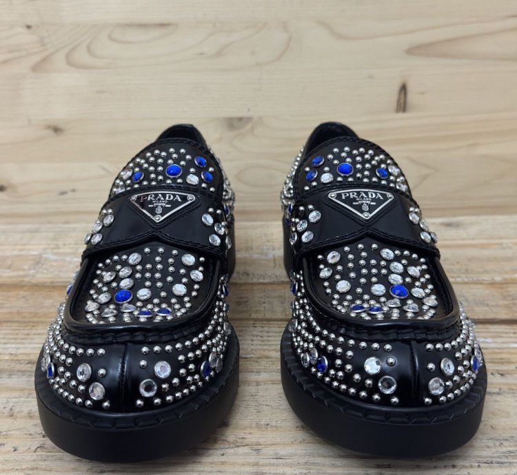 Brushed-leather Loafers With Studs And Rhinestones Size 7 5