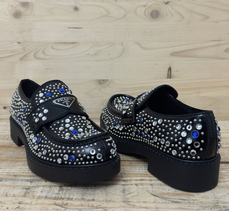 Brushed-leather Loafers With Studs And Rhinestones Size 7 5