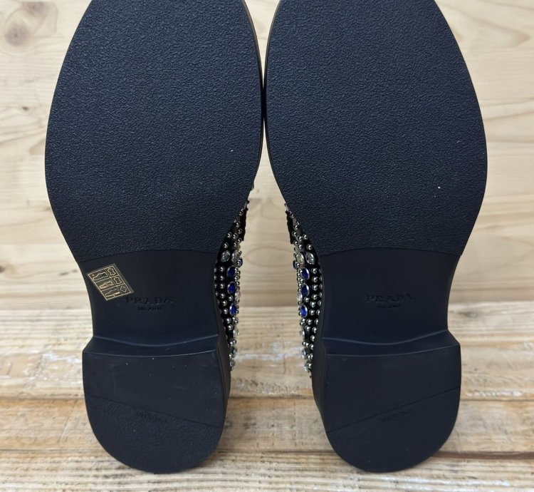 Brushed-leather Loafers With Studs And Rhinestones Size 7 5