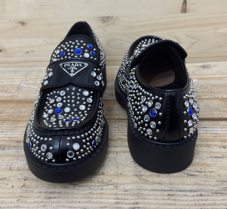Brushed-leather Loafers With Studs And Rhinestones Size 7 5