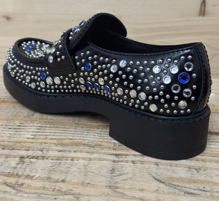Brushed-leather Loafers With Studs And Rhinestones Size 7 5