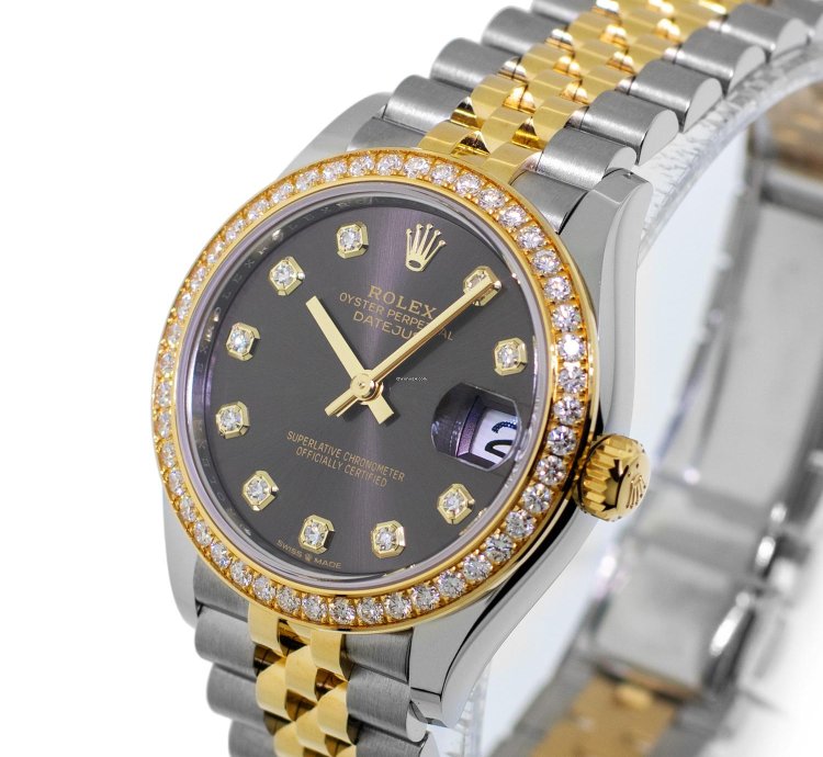 Rolex Datejust 31 31mm 18k Yellow Gold Steel Rhodium Diamond Dial Diamond Bezel 278383