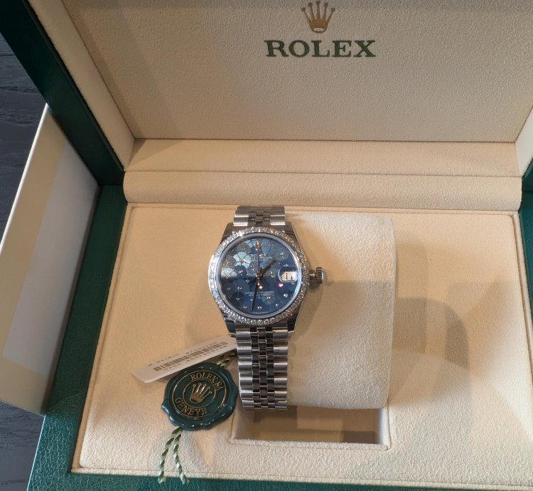 Rolex Datejust 31 Azurro With Diamonds Bezel Floral Face Gold Steel Jubilee