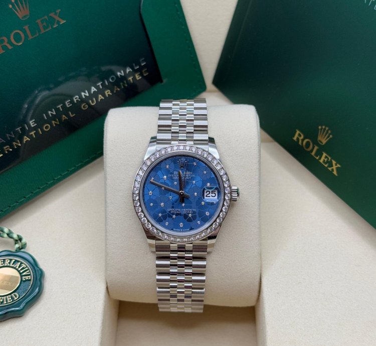 Rolex Datejust 31 Blue Floral Motif Dial Stainless Steel Diamond Bezel Jubilee Bracelet
