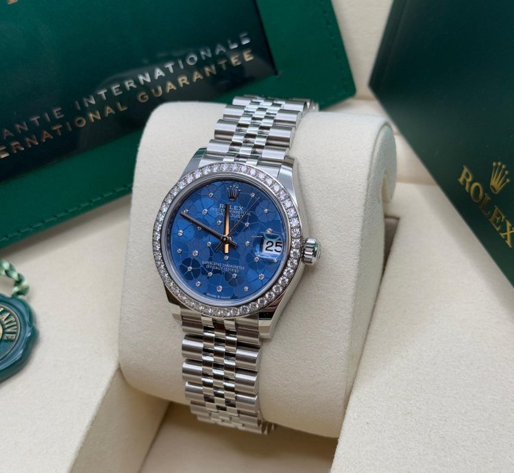 Rolex Datejust 31 Blue Floral Motif Dial Stainless Steel Diamond Bezel Jubilee Bracelet