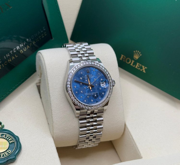Rolex Datejust 31 Blue Floral Motif Dial Stainless Steel Diamond Bezel Jubilee Bracelet