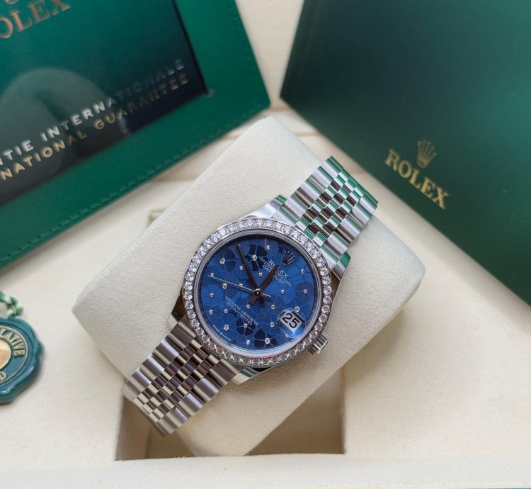 Rolex Datejust 31 Blue Floral Motif Dial Stainless Steel Diamond Bezel Jubilee Bracelet