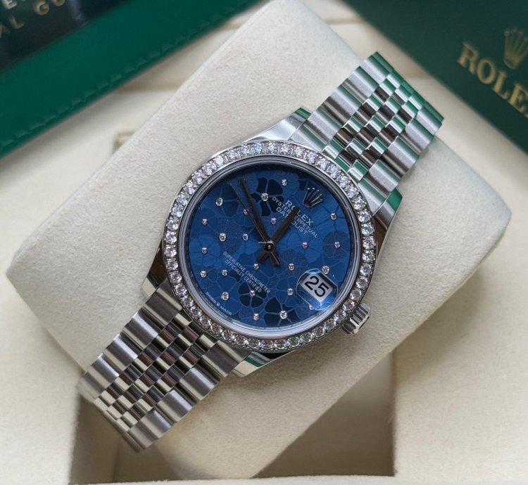 Rolex Datejust 31 Blue Floral Motif Dial Stainless Steel Diamond Bezel Jubilee Bracelet