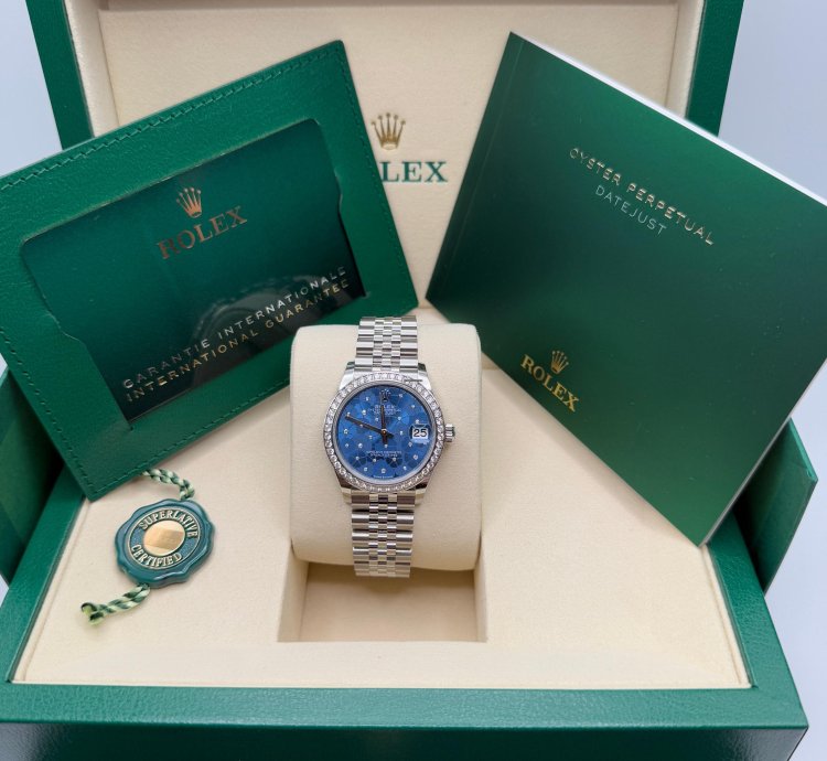Rolex Datejust 31 Blue Floral Motif Dial Stainless Steel Diamond Bezel Jubilee Bracelet