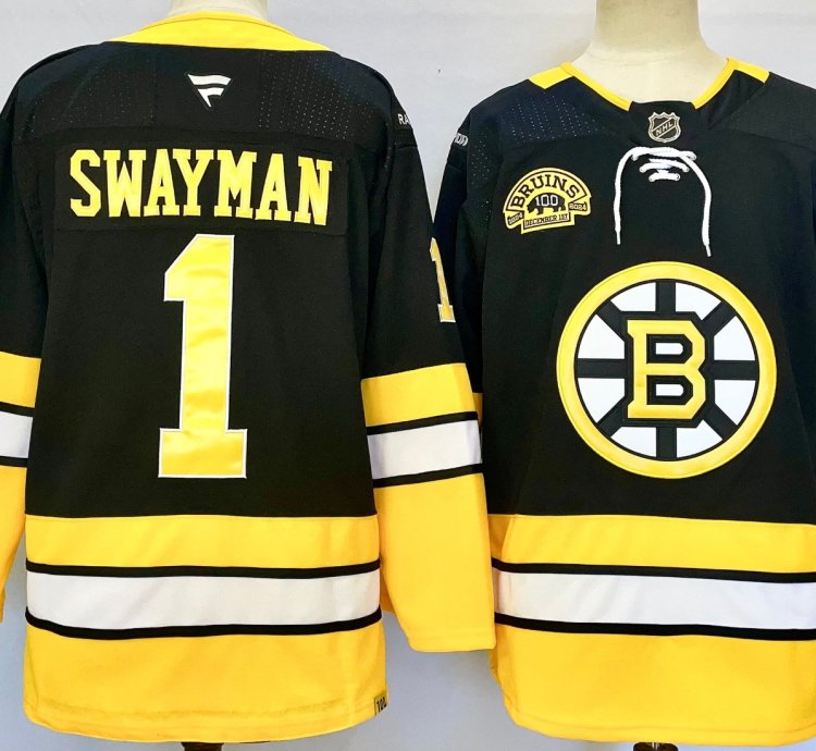 Mens Jeremy Swayman Jersey 1 Boston Bruins 100th Anniversary Black Stitched