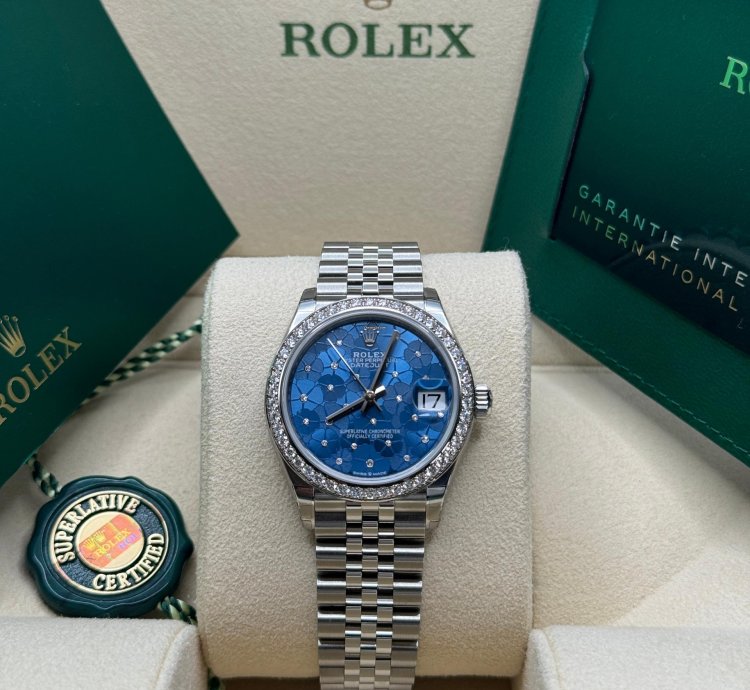 Rolex Datejust 31 New 2023 Blue Floral Scatter Diamond Dial Diamond Bezel Stainless Jubilee