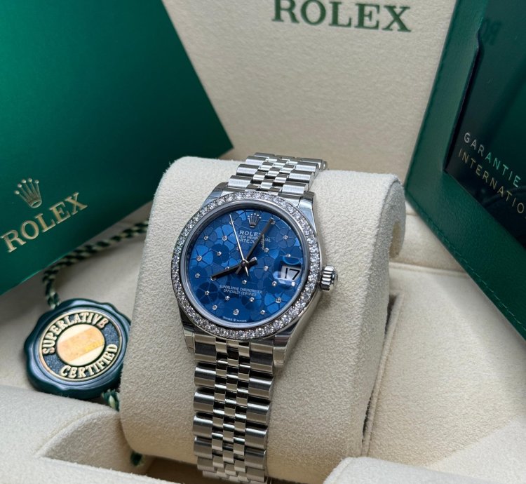 Rolex Datejust 31 New 2023 Blue Floral Scatter Diamond Dial Diamond Bezel Stainless Jubilee
