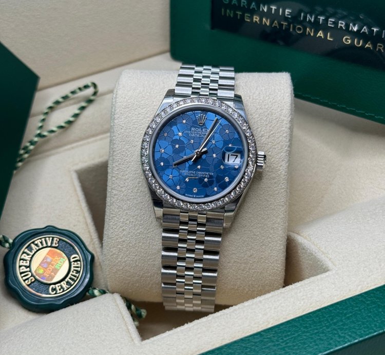 Rolex Datejust 31 New 2023 Blue Floral Scatter Diamond Dial Diamond Bezel Stainless Jubilee