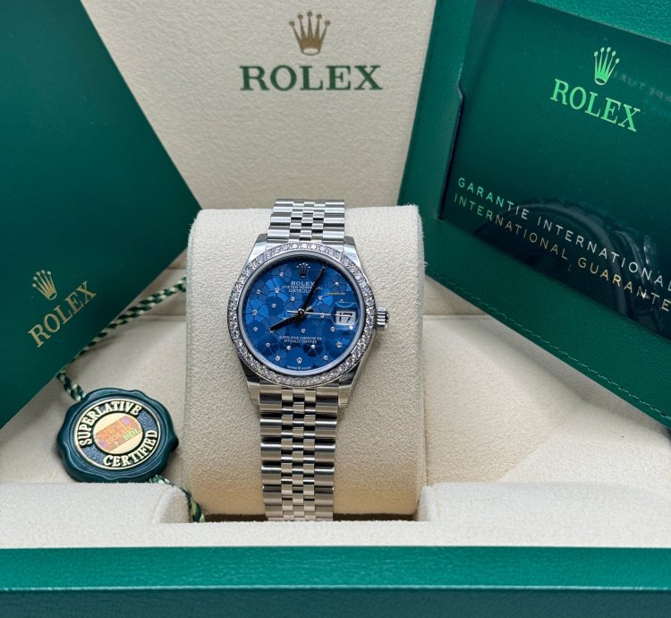 Rolex Datejust 31 New 2023 Blue Floral Scatter Diamond Dial Diamond Bezel Stainless Jubilee
