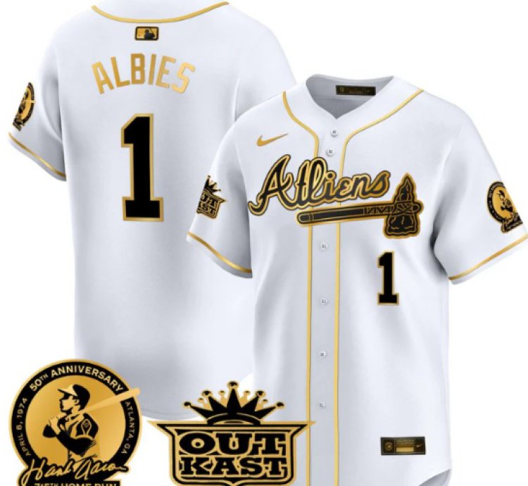 Ozzie Albies Jersey 1 Atlanta Braves Atliens Hank Aaron Patch Limited Stitched White Gold