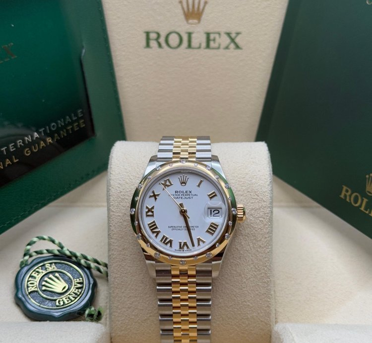 Rolex Datejust 31 New 2024 White Roman Dial Scatter Diamond Bezel Two Tone Yellow Gold Jubilee