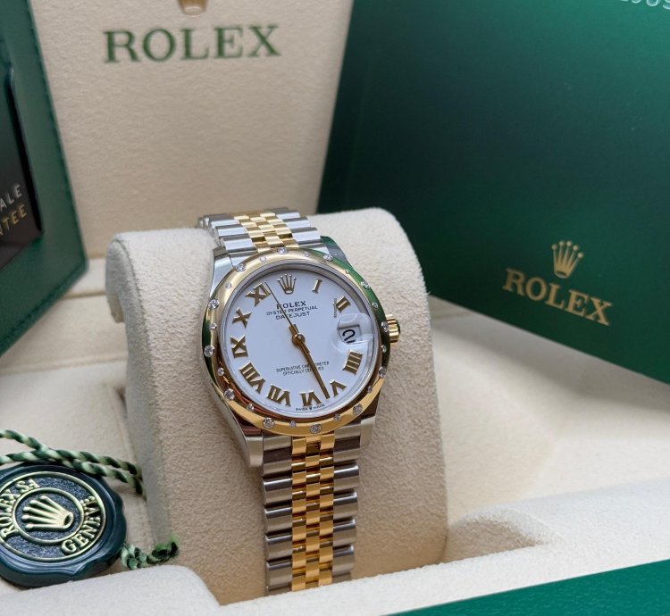 Rolex Datejust 31 New 2024 White Roman Dial Scatter Diamond Bezel Two Tone Yellow Gold Jubilee