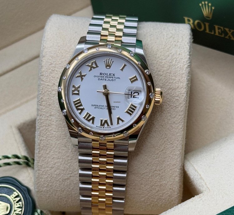 Rolex Datejust 31 New 2024 White Roman Dial Scatter Diamond Bezel Two Tone Yellow Gold Jubilee