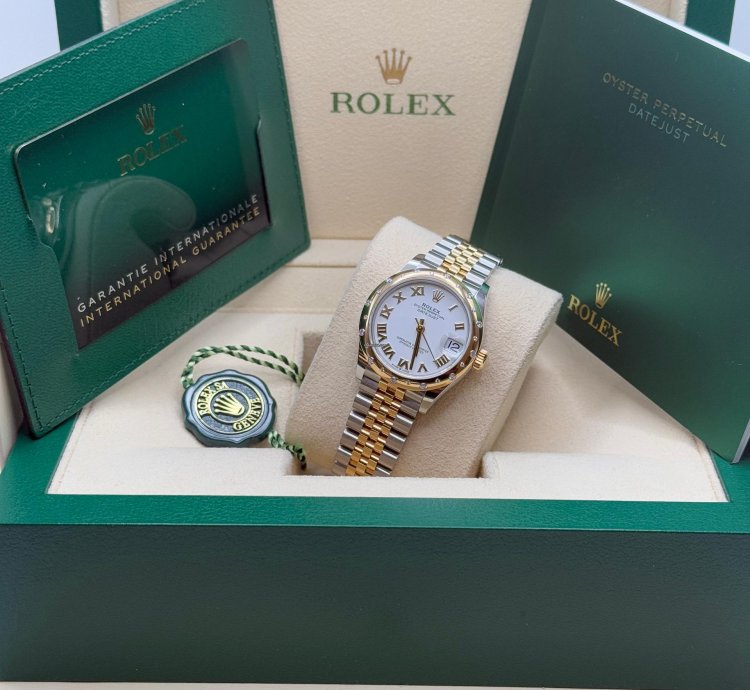 Rolex Datejust 31 New 2024 White Roman Dial Scatter Diamond Bezel Two Tone Yellow Gold Jubilee