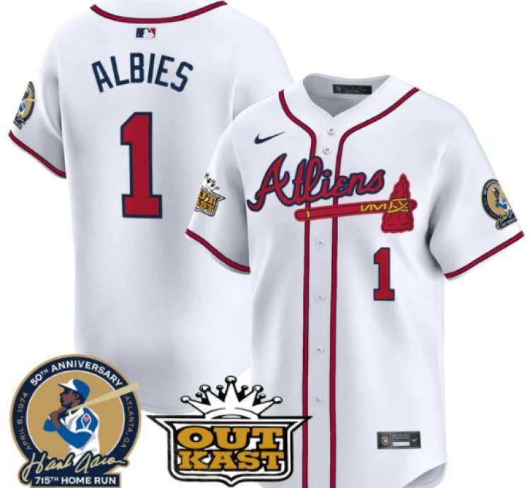 Ozzie Albies Jersey 1 Atlanta Braves Atliens Hank Aaron Patch Limited Stitched White