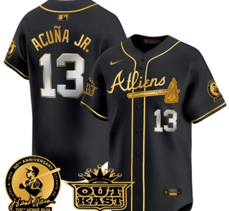 Ronald Acuna Jr Jersey 13 Atlanta Braves Atliens Hank Aaron Patch Limited Stitched Black Gold