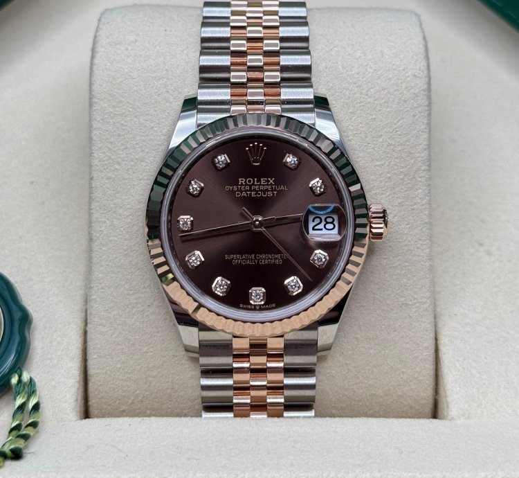 Rolex Datejust 31 New 2025 Chocolate Diamond Dial Two Tone Rose Gold Fluted Jubilee Bracelet