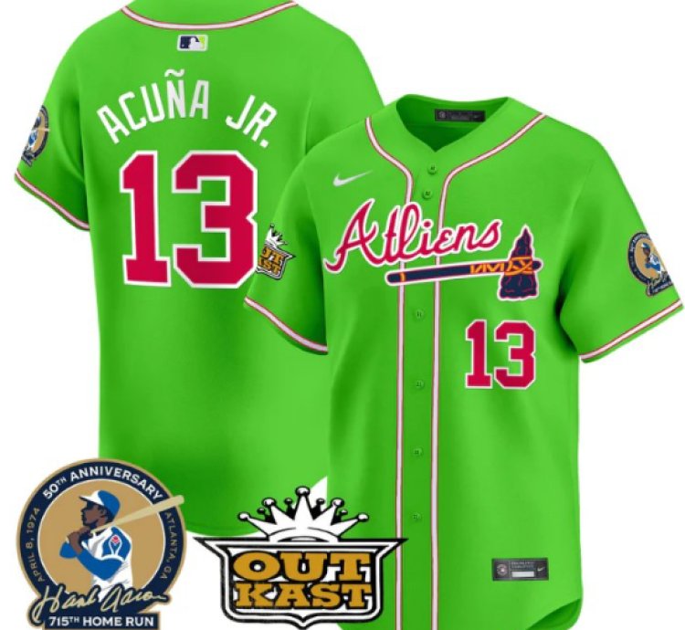 Ronald Acuna Jr Jersey 13 Atlanta Braves Atliens Hank Aaron Patch Limited Stitched Bright Green