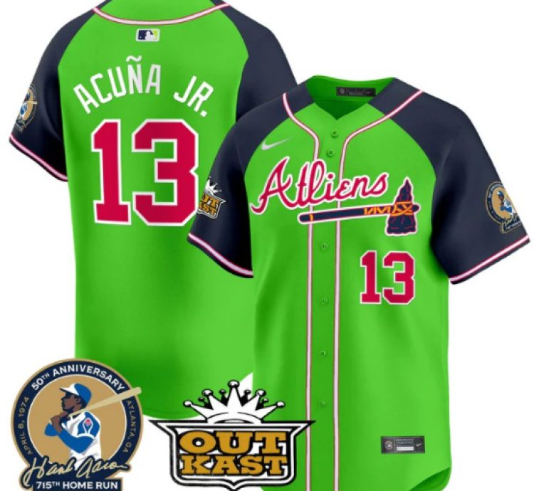Ronald Acuna Jr Jersey 13 Atlanta Braves Atliens Hank Aaron Patch Limited Stitched Green Alternate