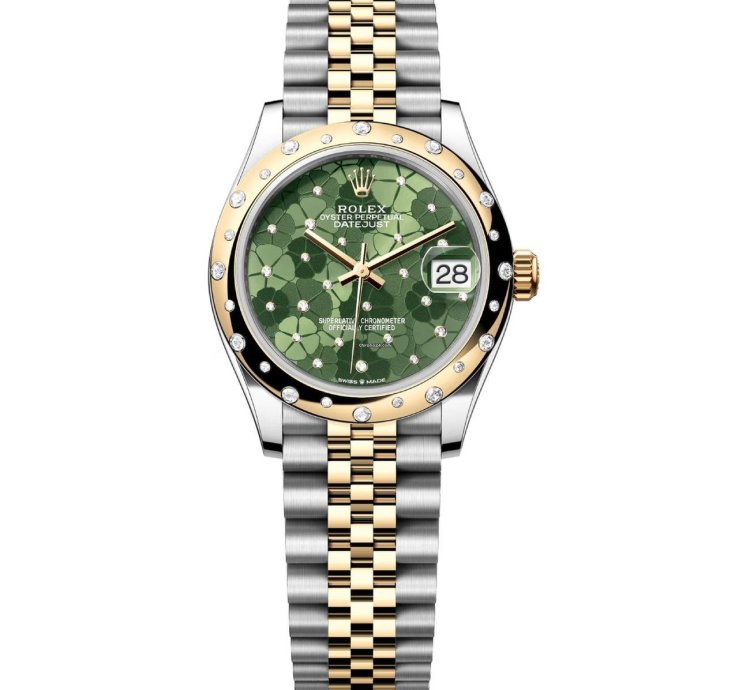 Rolex Datejust 31mm 278343rbr-0032 Scattered Diamond Bezel Jubilee Steel And Yellow Gold Watch Green Floral Dial 2024