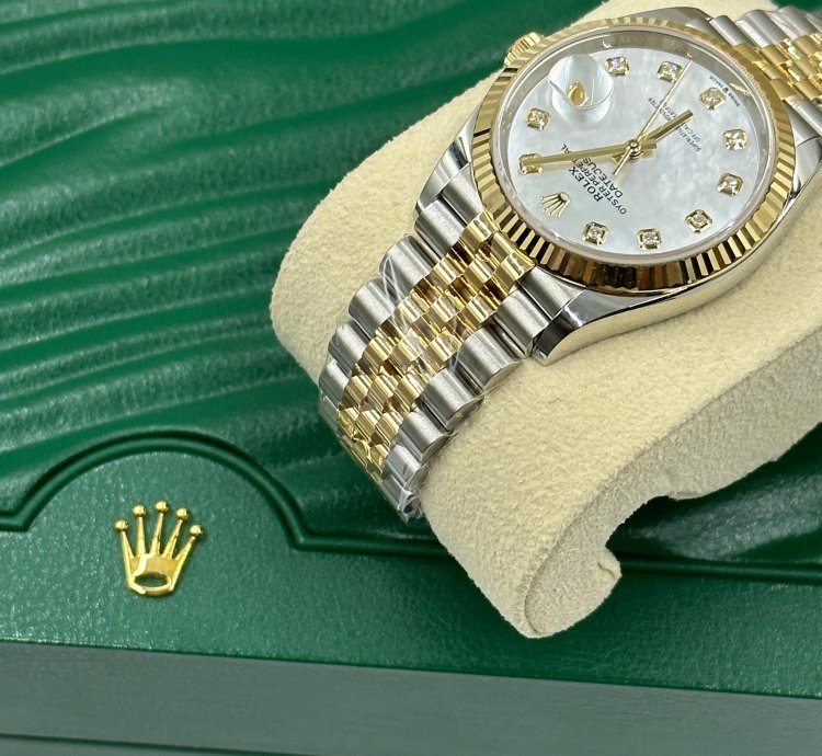 Rolex Datejust 36 126233ngwhite Mother Of Pearl Baguette Diamond Dial Yellow Gold Steel Jubilee
