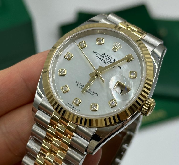 Rolex Datejust 36 126233ngwhite Mother Of Pearl Baguette Diamond Dial Yellow Gold Steel Jubilee