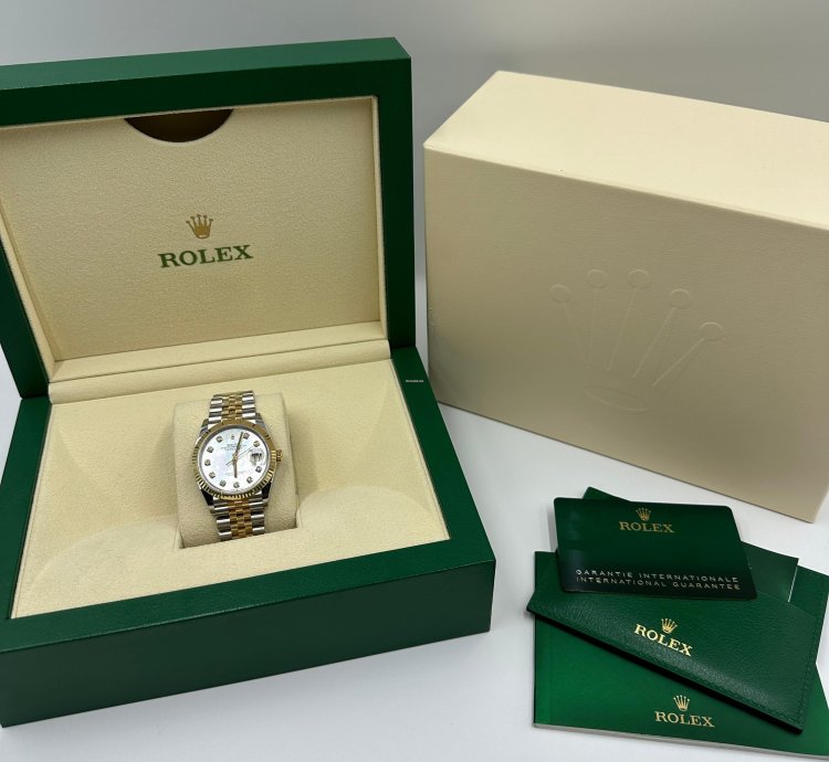 Rolex Datejust 36 126233ngwhite Mother Of Pearl Baguette Diamond Dial Yellow Gold Steel Jubilee