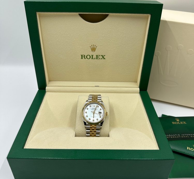 Rolex Datejust 36 126233ngwhite Mother Of Pearl Baguette Diamond Dial Yellow Gold Steel Jubilee