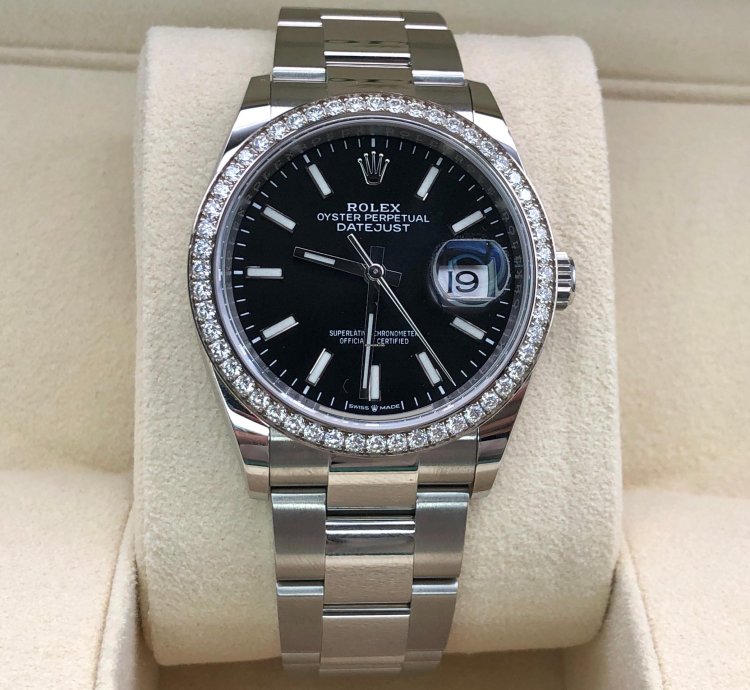 Rolex Datejust 36 36mm Black Index Dial Diamonds Bezel Oyster