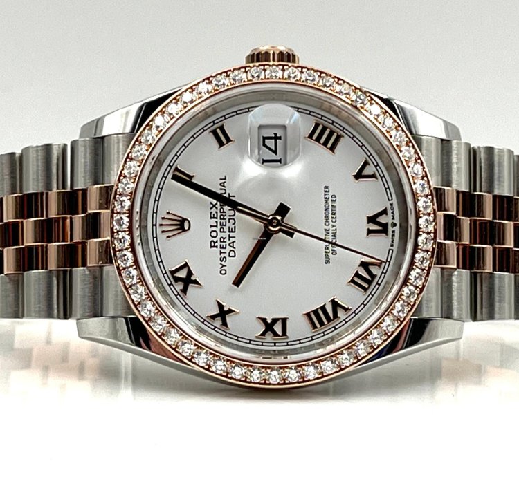 Rolex Datejust 36 36mm White Roman Dial Diamond Bezel Two Tone Jubilee Bracelet 126281rbr Unworn