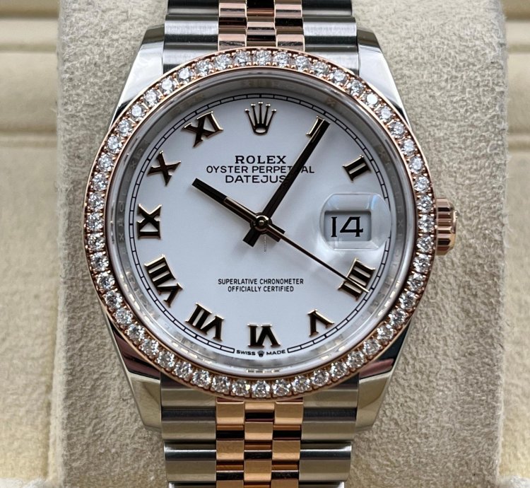 Rolex Datejust 36 36mm White Roman Dial Diamond Bezel Two Tone Jubilee Bracelet 126281rbr Unworn