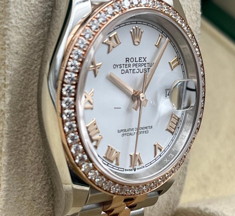 Rolex Datejust 36 36mm White Roman Dial Diamond Bezel Two Tone Jubilee Bracelet 126281rbr Unworn