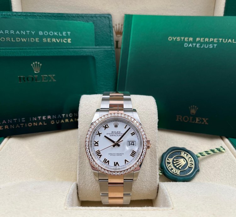 Rolex Datejust 36 36mm White Roman Dial Diamond Bezel Two Tone Oyster Bracelet 126281rbr Unworn