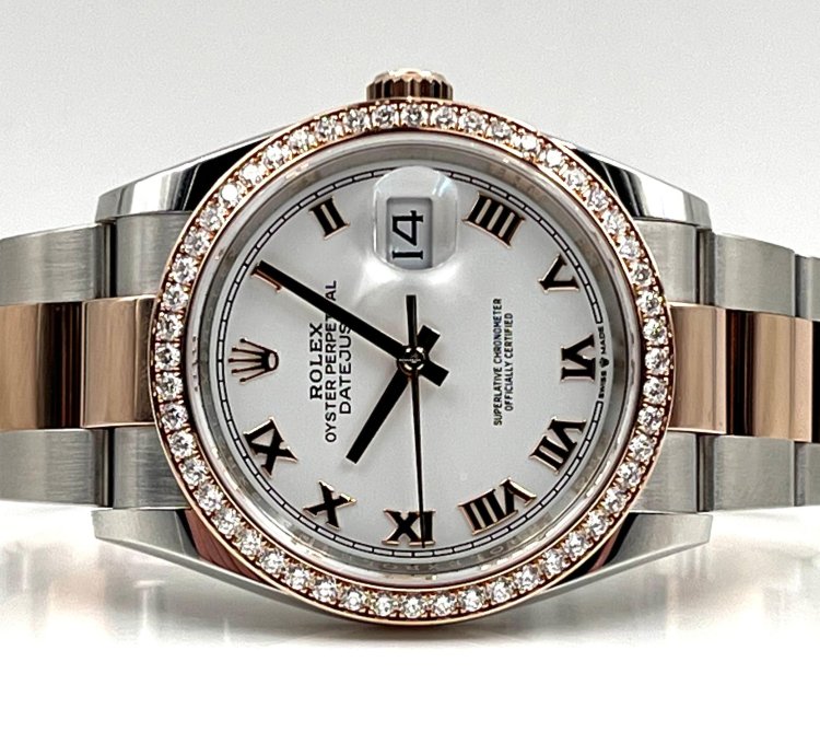 Rolex Datejust 36 36mm White Roman Dial Diamond Bezel Two Tone Oyster Bracelet 126281rbr Unworn