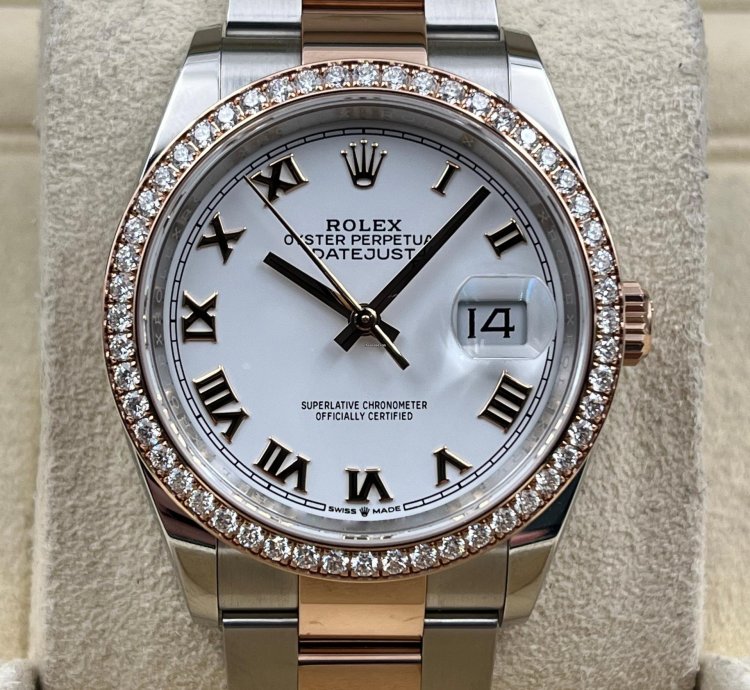 Rolex Datejust 36 36mm White Roman Dial Diamond Bezel Two Tone Oyster Bracelet 126281rbr Unworn