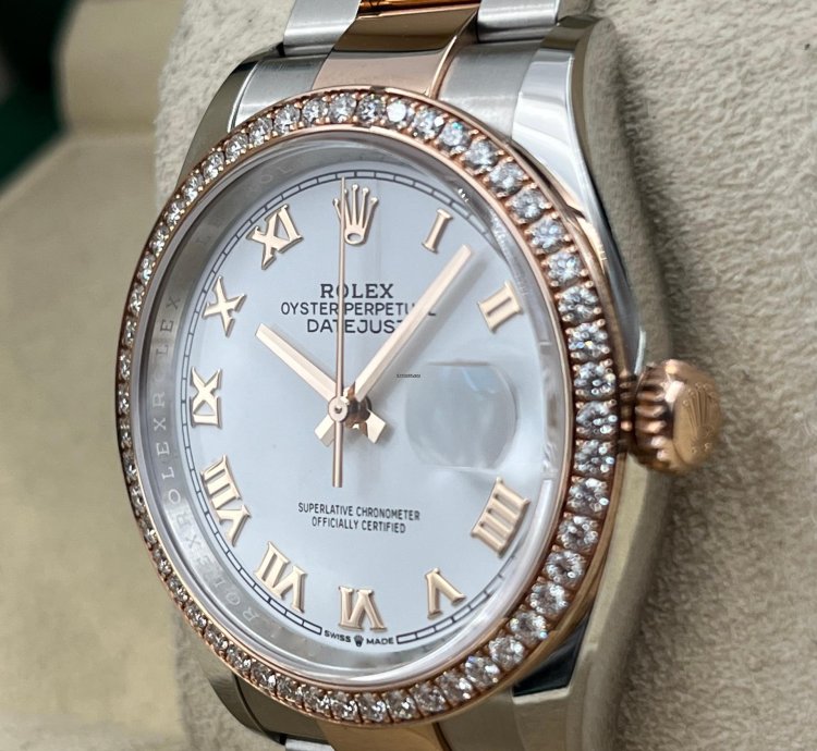 Rolex Datejust 36 36mm White Roman Dial Diamond Bezel Two Tone Oyster Bracelet 126281rbr Unworn