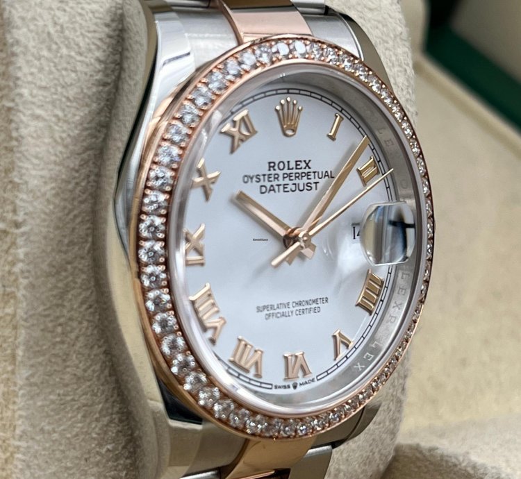 Rolex Datejust 36 36mm White Roman Dial Diamond Bezel Two Tone Oyster Bracelet 126281rbr Unworn