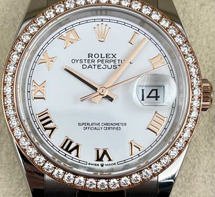 Rolex Datejust 36 36mm White Roman Dial Diamond Bezel Two Tone Oyster Bracelet 126281rbr Unworn