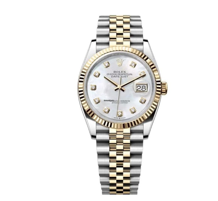 Rolex Datejust 36 Mother Of Pearl Diamond Dial Two Tone Yellow Gold Fluted Jubilee Bracelet