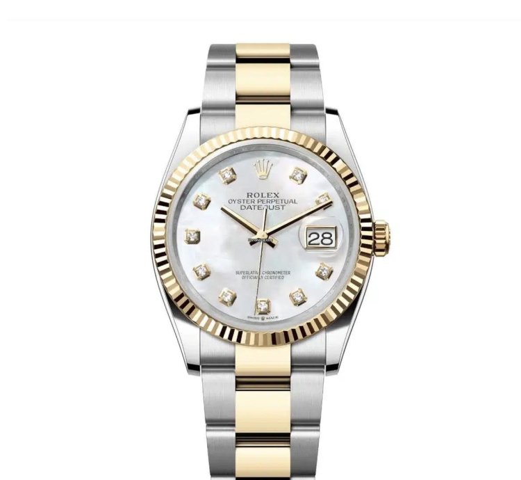 Rolex Datejust 36 Mother Of Pearl Diamond Dial Two Tone Yellow Gold Fluted Oyster Bracelet